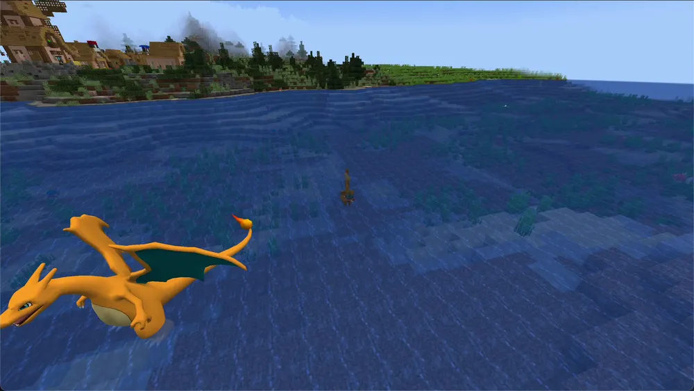 The same Pokémon close up in flight over the water
