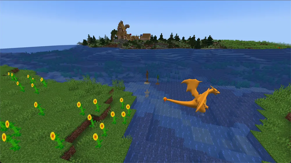 A flying Pokémon over a river with sunflowers, village on the horizon